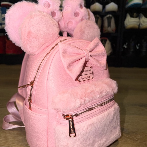 Loungefly Pink Furry Backpack with Bow and Ears - Picture 2 of 4